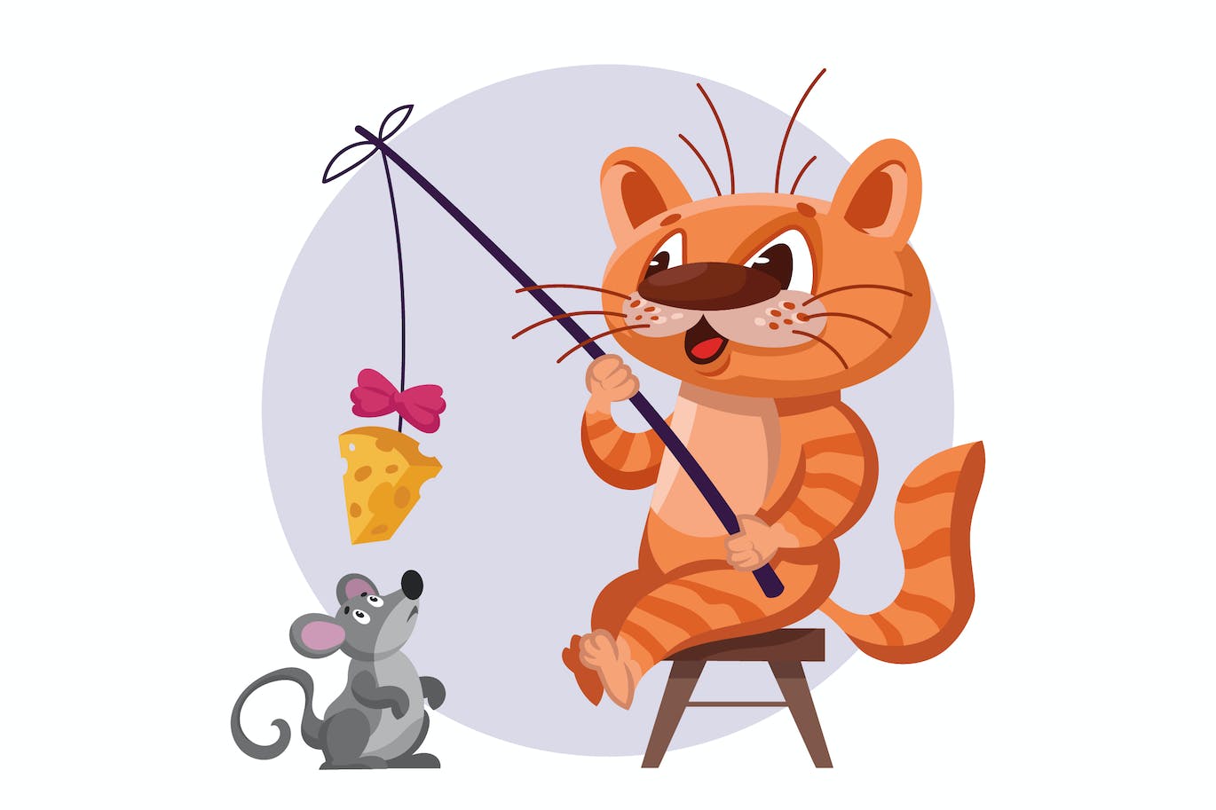 钓鱼概念矢量插画 Cat Catching Mouse on Fishing Rod with Cheese-1