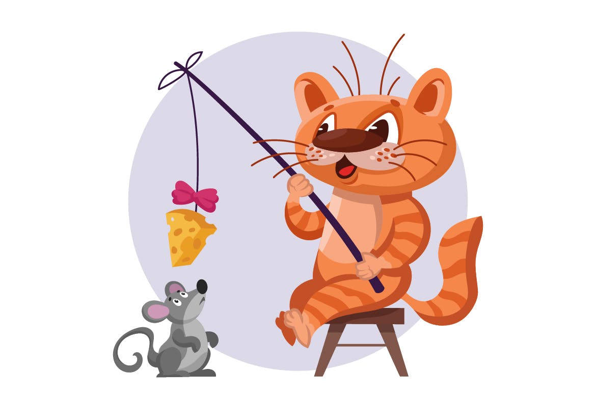 钓鱼概念矢量插画 Cat Catching Mouse on Fishing Rod with Cheese-2