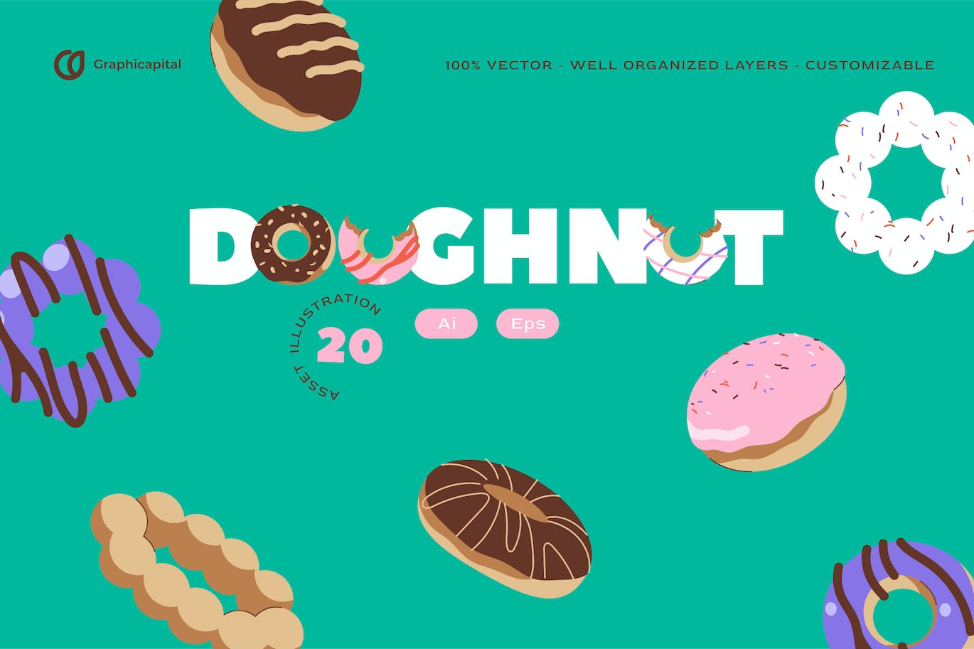 扁平设计的甜甜圈矢量插画集 Pink Flat Design Doughnut Illustration Set-1