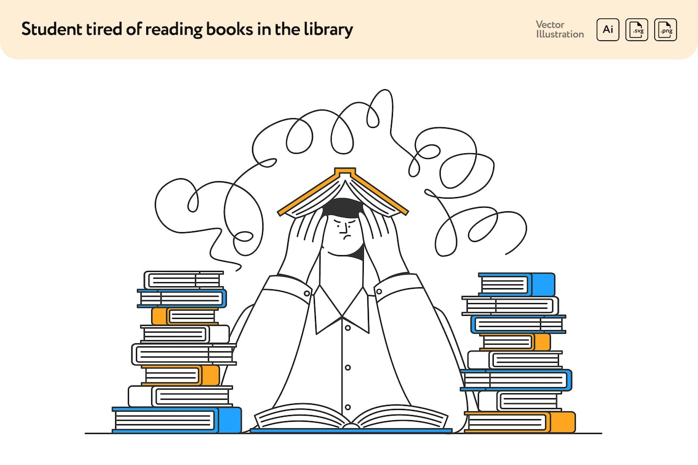 学习烦恼矢量插画素材 Student Tired of Reading Books in the Library-1