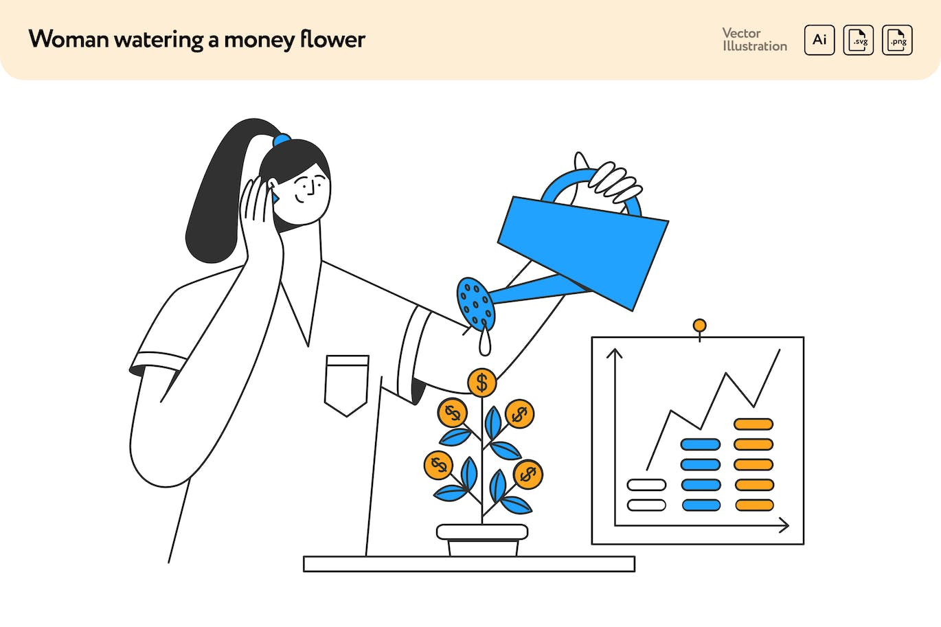 金融灌溉概念矢量插画素材 Woman Watering a Money Flower-1