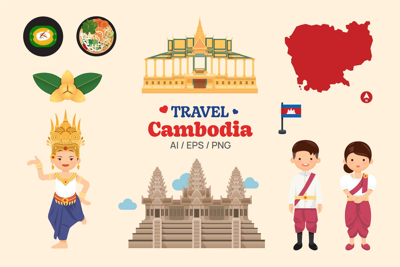 柬埔寨元素地图和地标符号矢量插画 Travel Cambodian elements map and landmarks symbol-1