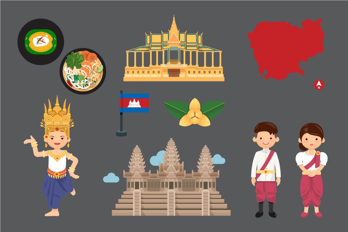 柬埔寨元素地图和地标符号矢量插画 Travel Cambodian elements map and landmarks symbol-2
