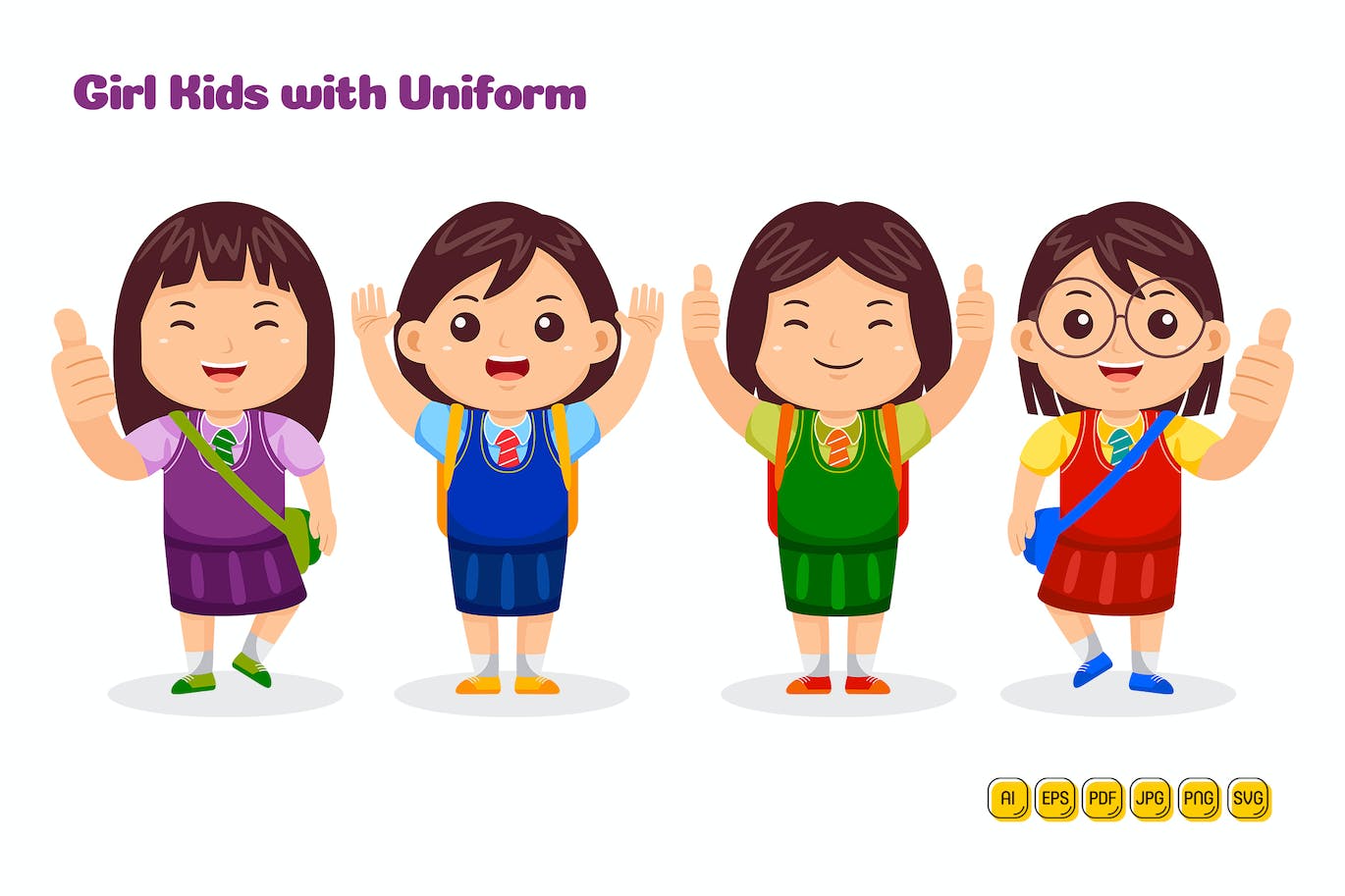 童装校服女孩矢量插画 Girl Kids wear Uniform Vector Pack #01-1