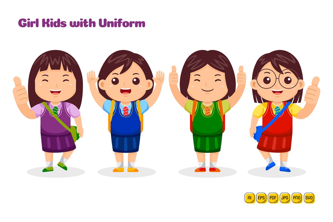 童装校服女孩矢量插画 Girl Kids wear Uniform Vector Pack #01-2