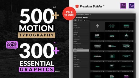AE/PR脚本模板-500种现代时尚创意设计商务婚礼文字标题预设 Motion Typography Essential Graphics V5