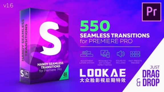 Premiere模板：550种缩放冲击平移扭曲干扰炫光无缝转场Handy Seamless Transitions V1.3 PR模板免费下载