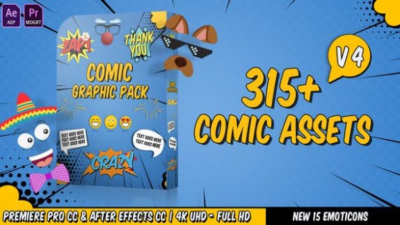 AE模板+PR预设-315个动漫卡通综艺表情贴纸文字图形动画包Comic Graphic Pack V4