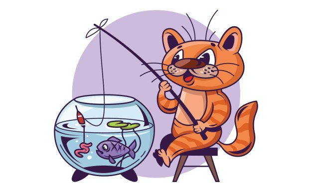 小猫钓鱼卡通矢量插画 Cat catching fish from aquarium