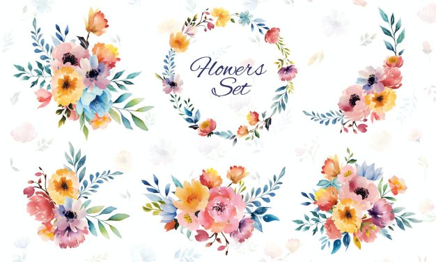 鲜花花束水彩插画素材 Watercolor Illustrations Flowers Bouquet