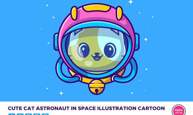 可爱的猫宇航员太空漫画插画 Cute Cat Astronaut In Space Illustration Cartoon