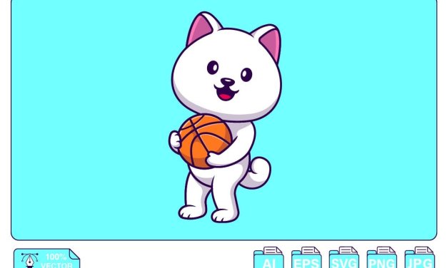 可爱卡通篮球斯皮茨狗动物插画 Cute Spitz Dog Holding Basket Ball Cartoon