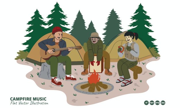 篝火音乐活动场景矢量插画 Campfire Music People Vector Illustration