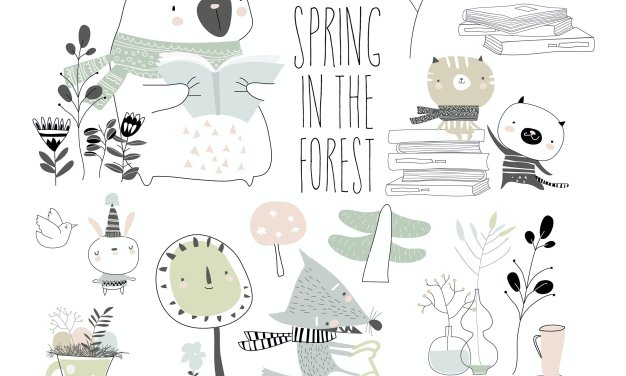 可爱动物春天元素矢量插画 Set of cute animals with spring elements. Hello sp