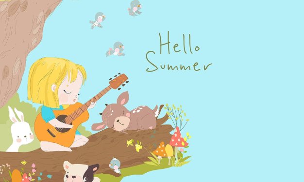 森林动物&吉他女孩卡通矢量插画 Cartoon Little Girl playing Guitar with Animals