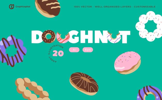 扁平设计的甜甜圈矢量插画集 Pink Flat Design Doughnut Illustration Set