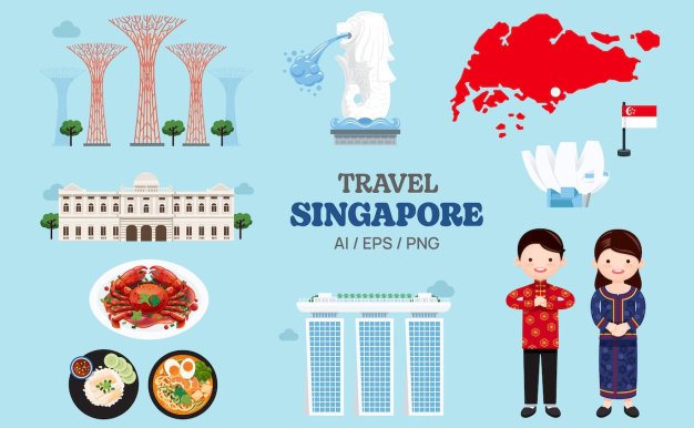 新加坡元素地图和地标符号矢量插画 Travel Singapore elements map and landmarks symbol