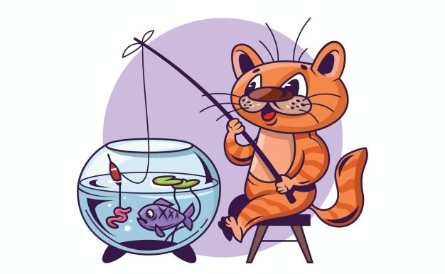 小猫钓鱼卡通矢量插画 Cat catching fish from aquarium
