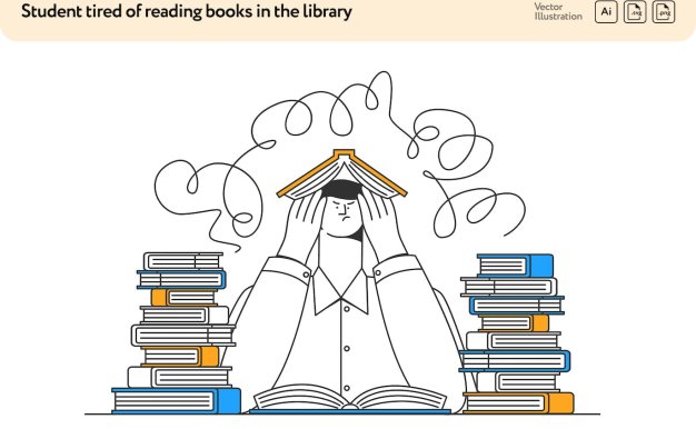 学习烦恼矢量插画素材 Student Tired of Reading Books in the Library
