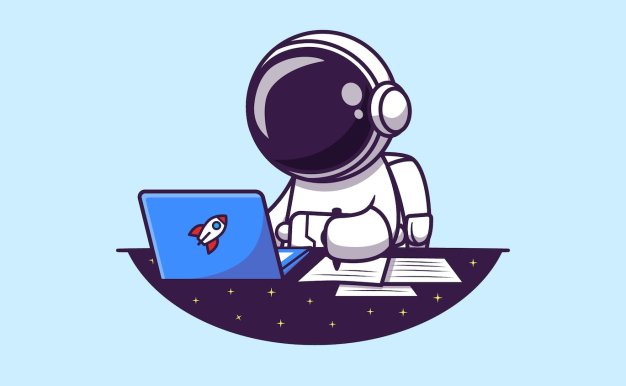 宇航员在笔记本电脑上工作和写作卡通矢量插画 Astronaut Working On Laptop And Writing Cartoon