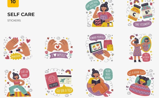 自我护理主题贴纸图案矢量插画 Self Care Stickers