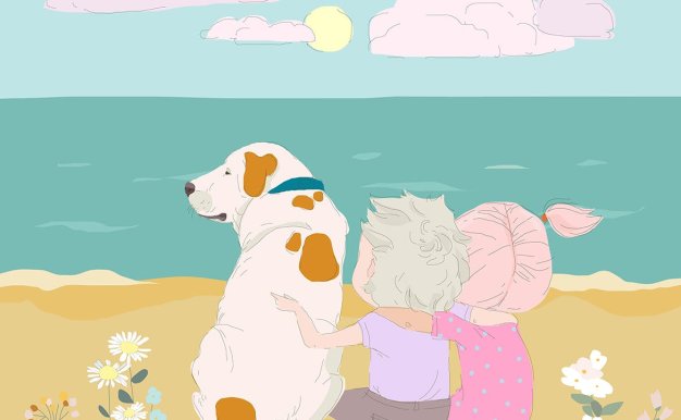 沙滩度假卡通插画 Cartoon Happy Couple with Dog sitting on the Beach