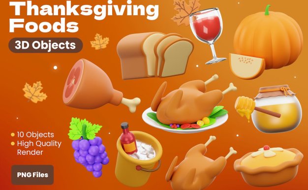 感恩节食品3D插画 Thanksgiving Foods 3D illustration