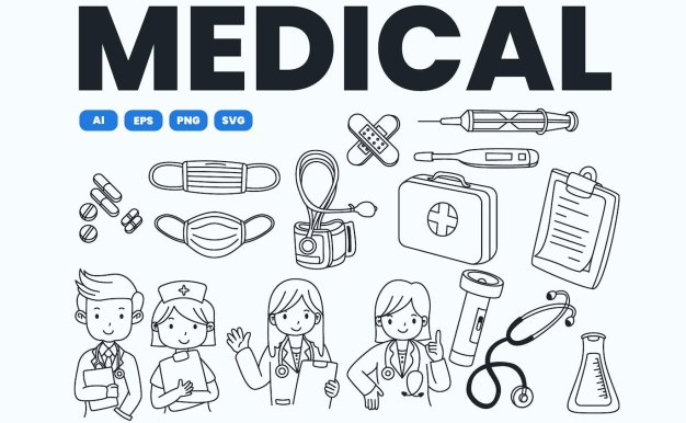 医疗工具和员工涂鸦风格插画 Medical Tools and Staff Doodles