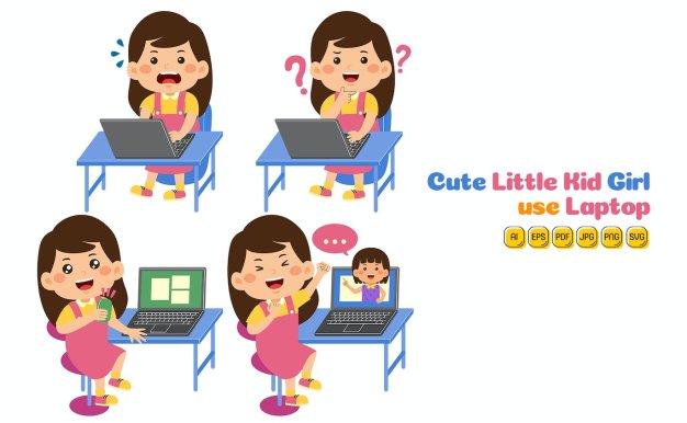 可爱的小女孩使用笔记本电脑矢量素材 #01 Cute Little Kid Girl use Laptop Vector Pack #01