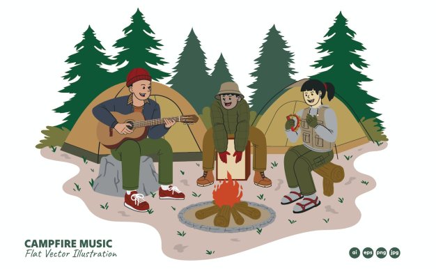 篝火音乐活动场景矢量插画 Campfire Music People Vector Illustration