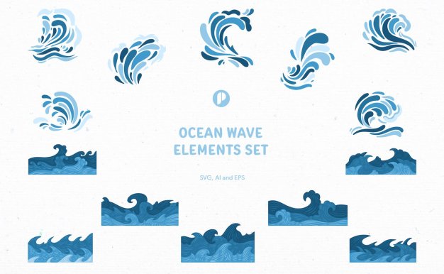 蓝色海洋波浪元素插画集 Blue Ocean Wave Element Illustration Set