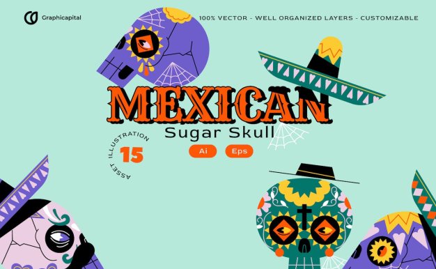 扁平设计骷髅头墨西哥矢量插画集 Pink Flat Design Skull Mexican Illustration Set