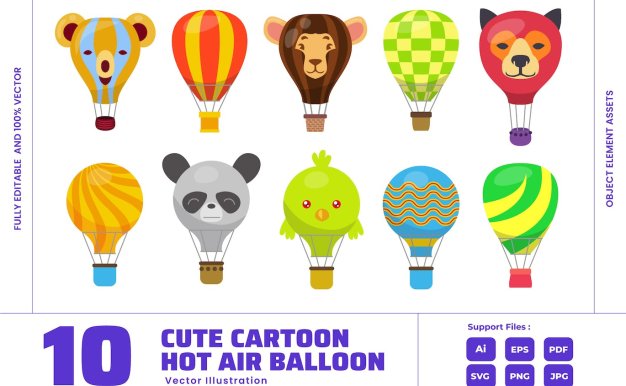 热气球可爱卡通矢量图形 Hot Air Balloon – Cute Animal Vacation Transport