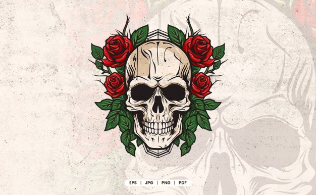 骷髅头和玫瑰花插画 Skull and Roses Illustration