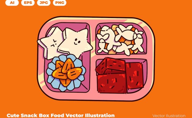 可爱的零食午餐盒食物矢量插画 Cute Snack Lunch Box Food Vector Illustration