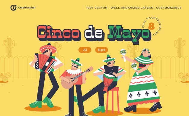 平面设计五月五日节人物矢量插画集 Pink Flat Design Cinco De Mayo Illustration Set