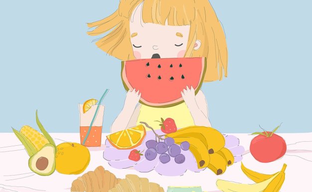 快乐的女孩吃西瓜矢量插画 Happy Girl eating Watermelon. Summer fFresh Food,