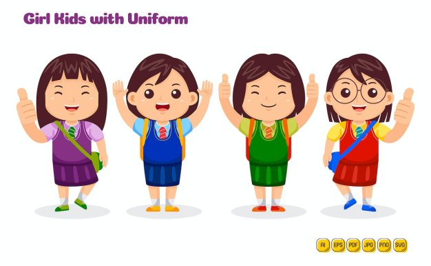 童装校服女孩矢量插画 Girl Kids wear Uniform Vector Pack #01