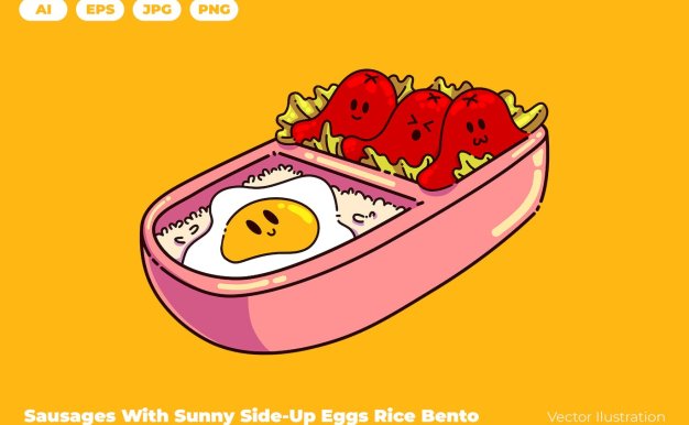 米饭便当盒食物矢量插画 Sausages Rice Bento Box Food Vector Illustration