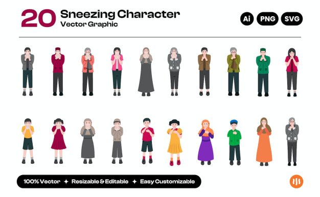 打喷嚏人物矢量图形合计 Vector Illustration Person Sneezing Collection