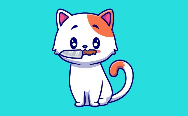 可爱的猫与刀卡通插画 Cute Cat With Knife Cartoon Illustration