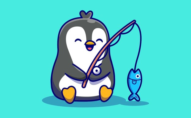 可爱的企鹅钓鱼卡通插画 Cute Penguin Fishing Cartoon Illustration