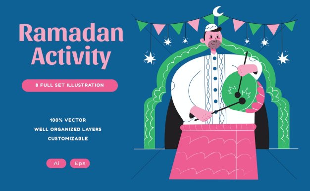 蓝色平面设计斋月活动插画套件 Blue Flat Design Ramadan Activity Illustration Set