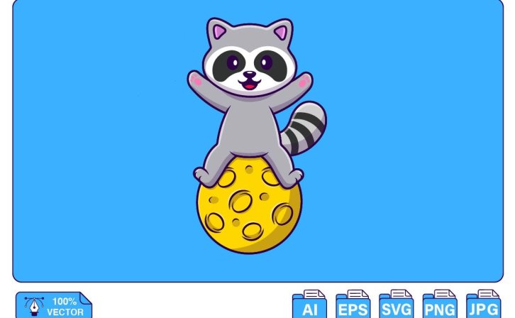 可爱的浣熊漫画矢量插画 Cute Raccoon Sitting On Moon Cartoon