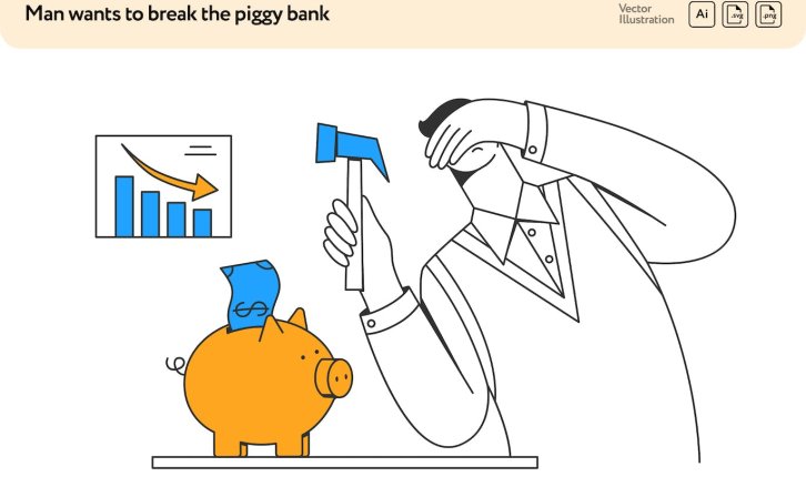 收入下降概念矢量插画素材 Man Wants to Break the Piggy Bank