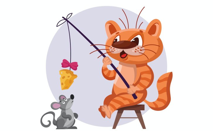 钓鱼概念矢量插画 Cat Catching Mouse on Fishing Rod with Cheese