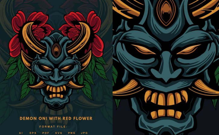 红花魔鬼矢量徽章设计模板 Demon Oni with Red Flower