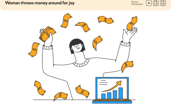 撒钱收入增加概念矢量插画素材 Woman Throws Money Around for Joy