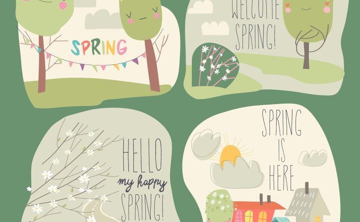 春天景观与乐趣矢量插画 Vector set of different spring landscape with funn