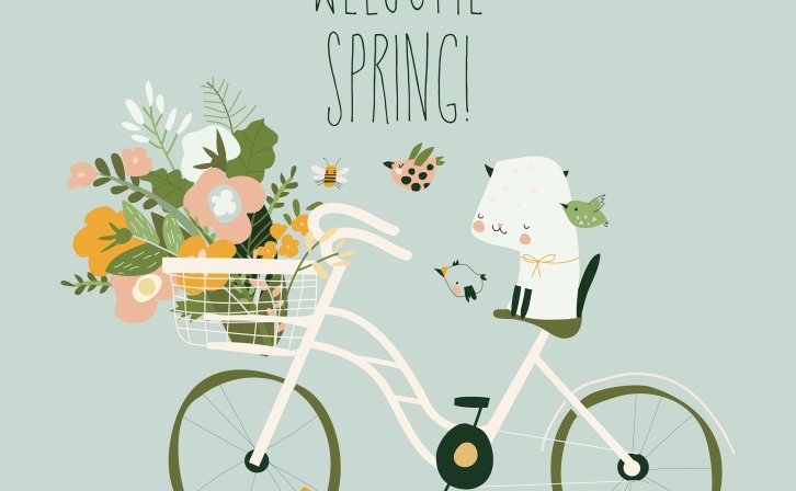 卡通自行车可爱猫咪春天概念插画 Cute cartoon cat sitting on bike with spring